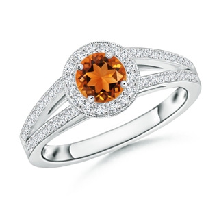 5mm AAAA Round Citrine Split Shank Ring with Diamond Halo in White Gold