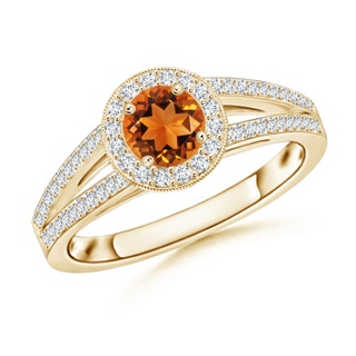 5mm AAAA Round Citrine Split Shank Ring with Diamond Halo in Yellow Gold