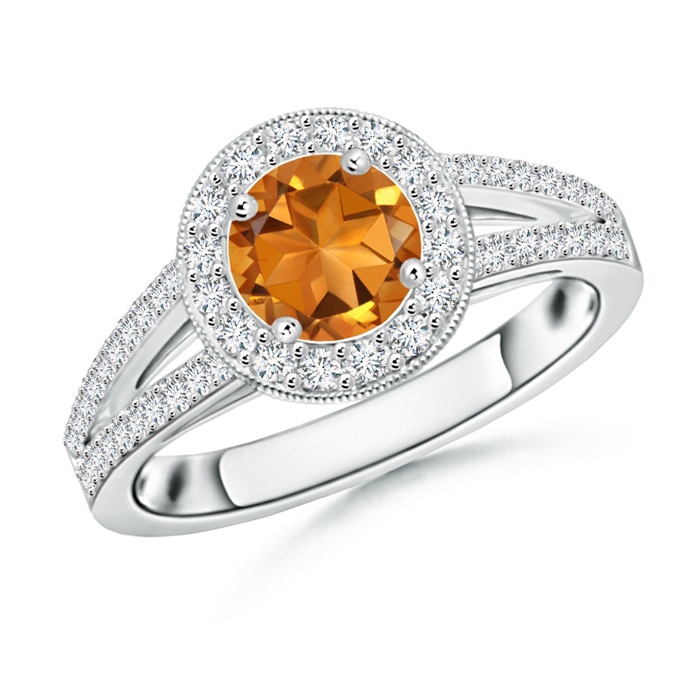 6mm AAA Round Citrine Split Shank Ring with Diamond Halo in White Gold