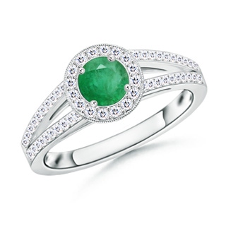 5mm A Round Emerald Split Shank Ring with Diamond Halo in 10K White Gold