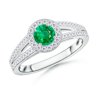 5mm AAA Round Emerald Split Shank Ring with Diamond Halo in 10K White Gold