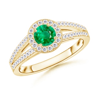 5mm AAA Round Emerald Split Shank Ring with Diamond Halo in Yellow Gold