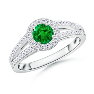 5mm AAAA Round Emerald Split Shank Ring with Diamond Halo in P950 Platinum