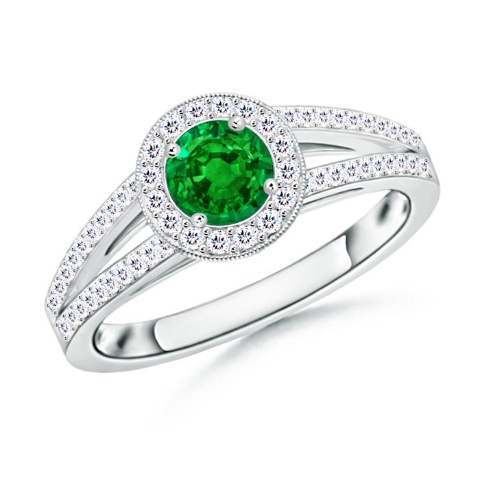 5mm AAAA Round Emerald Split Shank Ring with Diamond Halo in White Gold