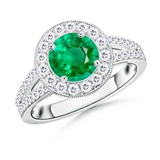 7mm AAA Round Emerald Split Shank Ring with Diamond Halo in White Gold