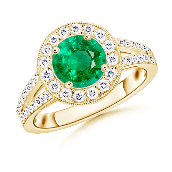 7mm AAA Round Emerald Split Shank Ring with Diamond Halo in Yellow Gold