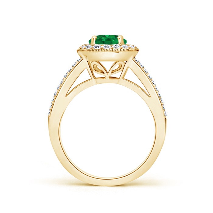 7mm AAA Round Emerald Split Shank Ring with Diamond Halo in Yellow Gold Side-1