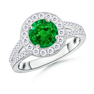 7mm AAAA Round Emerald Split Shank Ring with Diamond Halo in 10K White Gold