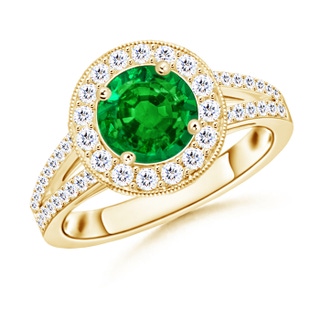 7mm AAAA Round Emerald Split Shank Ring with Diamond Halo in Yellow Gold