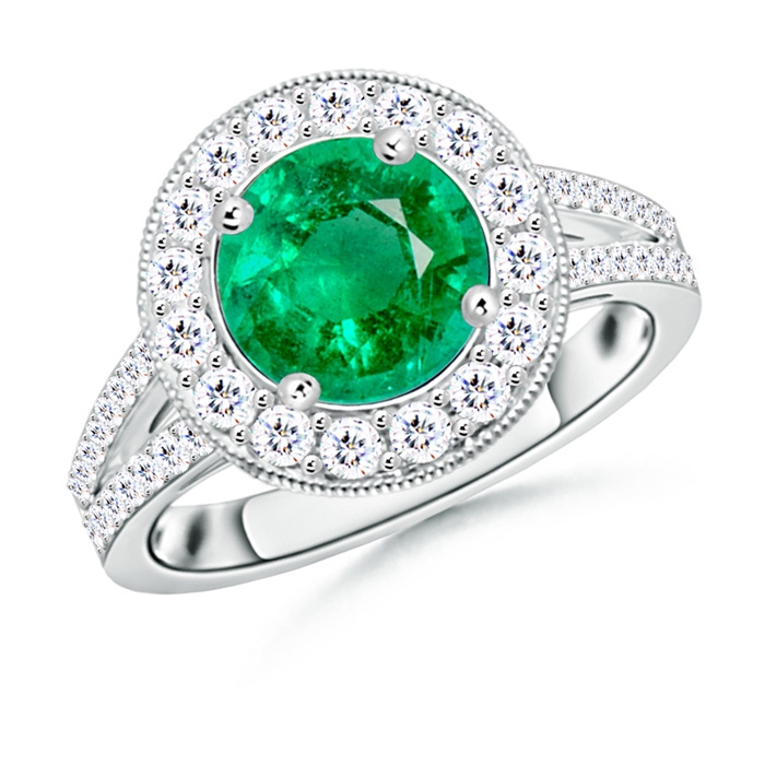 8mm AAA Round Emerald Split Shank Ring with Diamond Halo in White Gold