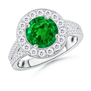 8mm AAAA Round Emerald Split Shank Ring with Diamond Halo in P950 Platinum