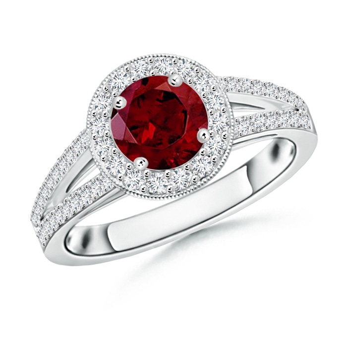 6mm AAA Round Garnet Split Shank Ring with Diamond Halo in White Gold