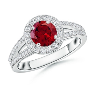 6mm AAAA Round Garnet Split Shank Ring with Diamond Halo in P950 Platinum