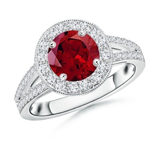 7mm AAAA Round Garnet Split Shank Ring with Diamond Halo in P950 Platinum