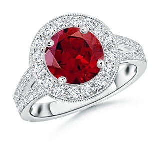 8mm AAAA Round Garnet Split Shank Ring with Diamond Halo in P950 Platinum