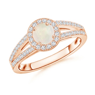 5mm A Round Opal Split Shank Ring with Diamond Halo in 9K Rose Gold