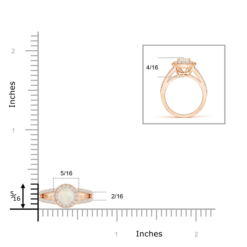 5mm A Round Opal Split Shank Ring with Diamond Halo in Rose Gold Ruler