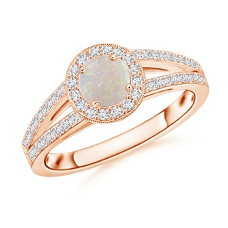 5mm AA Round Opal Split Shank Ring with Diamond Halo in 9K Rose Gold