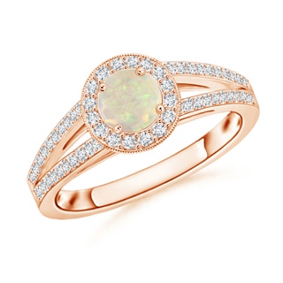 5mm AAA Round Opal Split Shank Ring with Diamond Halo in 9K Rose Gold