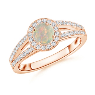 5mm AAAA Round Opal Split Shank Ring with Diamond Halo in 9K Rose Gold