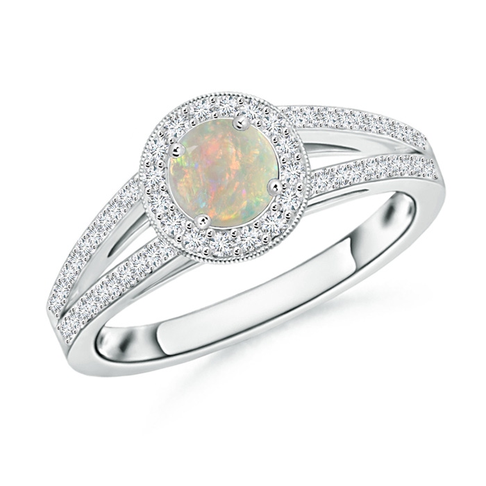 5mm AAAA Round Opal Split Shank Ring with Diamond Halo in White Gold