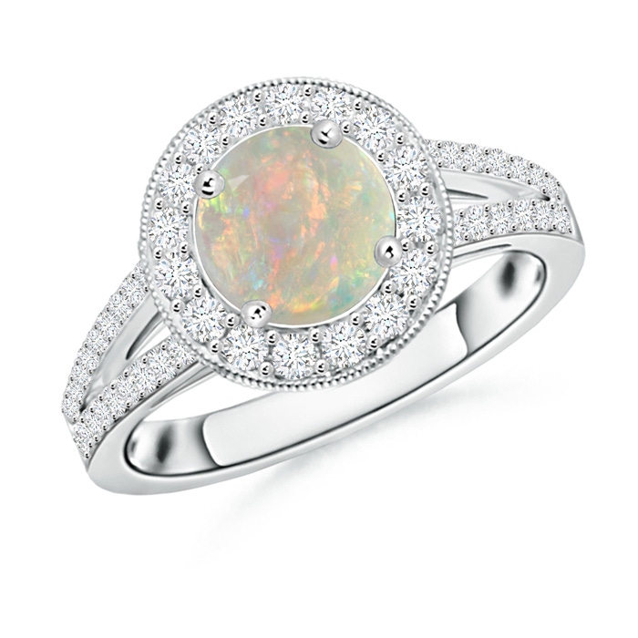 7mm AAAA Round Opal Split Shank Ring with Diamond Halo in White Gold