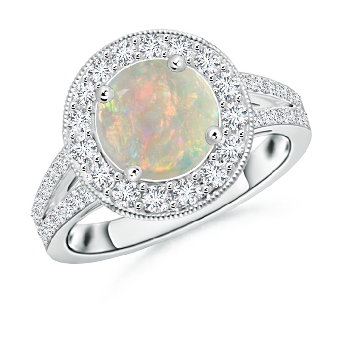 8mm AAAA Round Opal Split Shank Ring with Diamond Halo in White Gold 