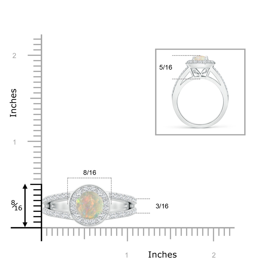 8mm AAAA Round Opal Split Shank Ring with Diamond Halo in White Gold Ruler