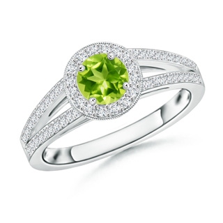 5mm AAA Round Peridot Split Shank Ring with Diamond Halo in White Gold