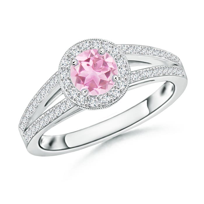 5mm A Round Pink Tourmaline Split Shank Ring with Diamond Halo in P950 Platinum