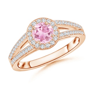 5mm A Round Pink Tourmaline Split Shank Ring with Diamond Halo in Rose Gold