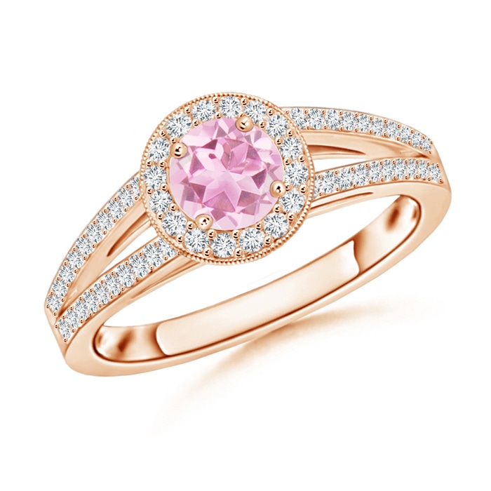 5mm A Round Pink Tourmaline Split Shank Ring with Diamond Halo in Rose Gold 