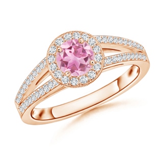 5mm AA Round Pink Tourmaline Split Shank Ring with Diamond Halo in Rose Gold