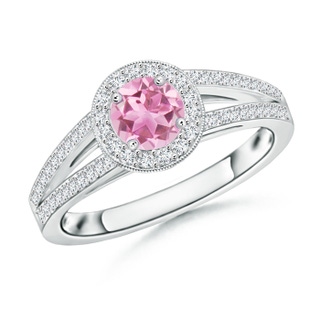 5mm AA Round Pink Tourmaline Split Shank Ring with Diamond Halo in White Gold