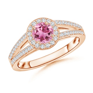 5mm AAA Round Pink Tourmaline Split Shank Ring with Diamond Halo in 10K Rose Gold