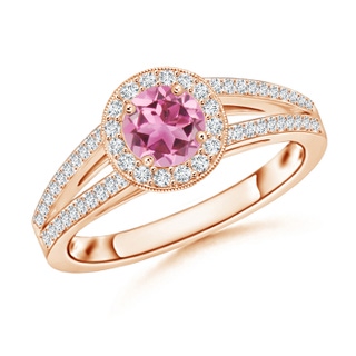 5mm AAA Round Pink Tourmaline Split Shank Ring with Diamond Halo in Rose Gold