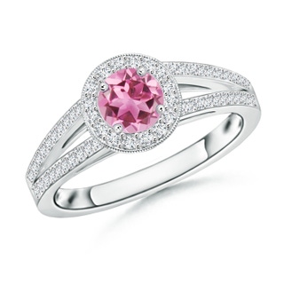 5mm AAA Round Pink Tourmaline Split Shank Ring with Diamond Halo in White Gold