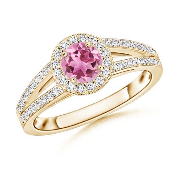 5mm AAA Round Pink Tourmaline Split Shank Ring with Diamond Halo in Yellow Gold 