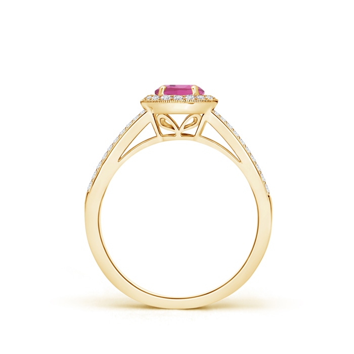 5mm AAA Round Pink Tourmaline Split Shank Ring with Diamond Halo in Yellow Gold product image