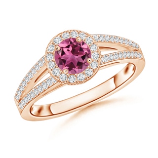 5mm AAAA Round Pink Tourmaline Split Shank Ring with Diamond Halo in Rose Gold