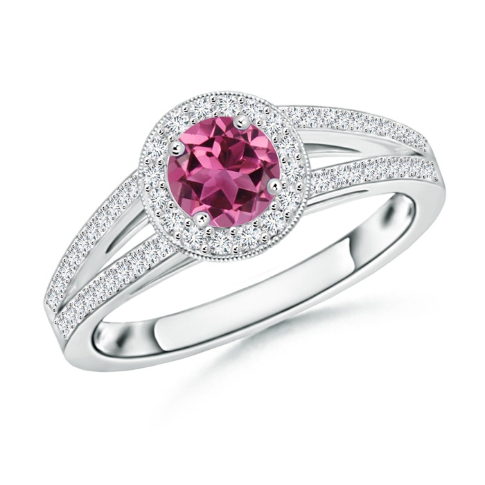 5mm AAAA Round Pink Tourmaline Split Shank Ring with Diamond Halo in White Gold