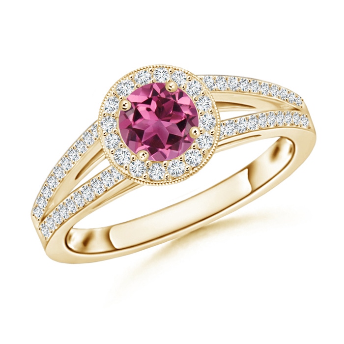 5mm AAAA Round Pink Tourmaline Split Shank Ring with Diamond Halo in Yellow Gold