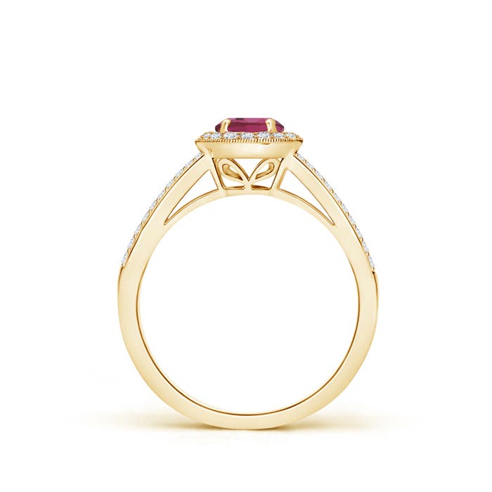 5mm AAAA Round Pink Tourmaline Split Shank Ring with Diamond Halo in Yellow Gold - side 1