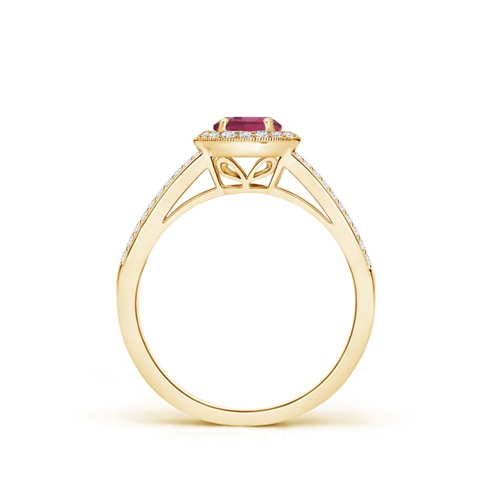 5mm AAAA Round Pink Tourmaline Split Shank Ring with Diamond Halo in Yellow Gold product image