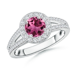 6mm AAAA Round Pink Tourmaline Split Shank Ring with Diamond Halo in P950 Platinum