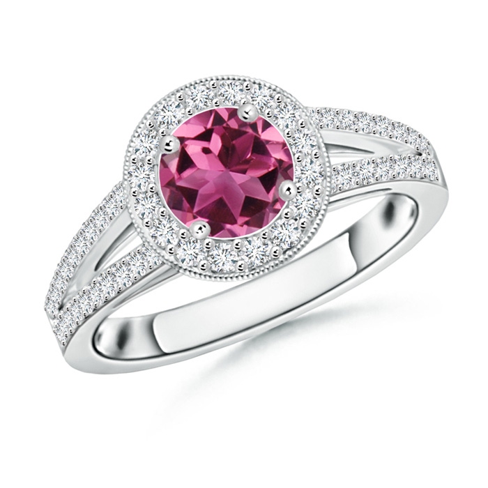 6mm AAAA Round Pink Tourmaline Split Shank Ring with Diamond Halo in P950 Platinum 