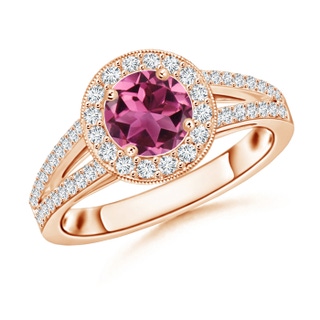 6mm AAAA Round Pink Tourmaline Split Shank Ring with Diamond Halo in Rose Gold