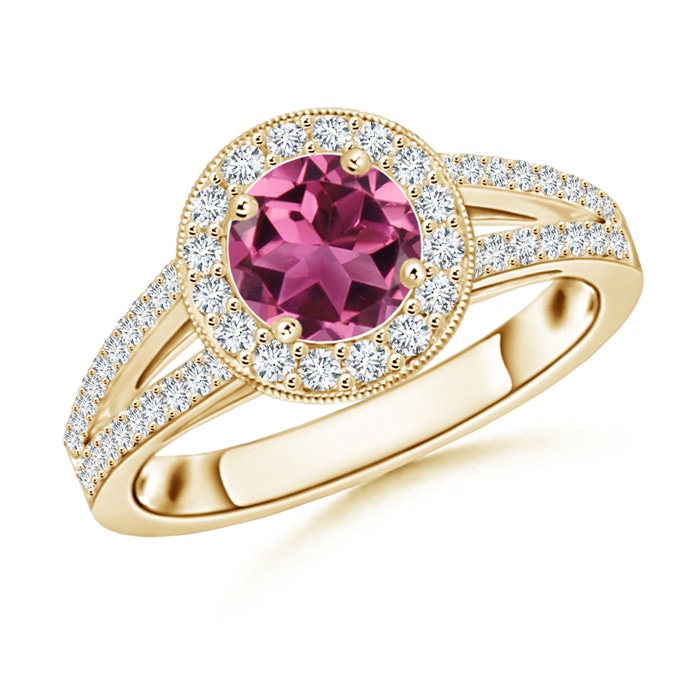 6mm AAAA Round Pink Tourmaline Split Shank Ring with Diamond Halo in Yellow Gold 