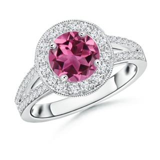 7mm AAAA Round Pink Tourmaline Split Shank Ring with Diamond Halo in P950 Platinum