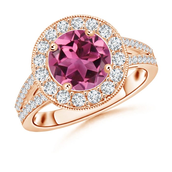 8mm AAAA Round Pink Tourmaline Split Shank Ring with Diamond Halo in Rose Gold 